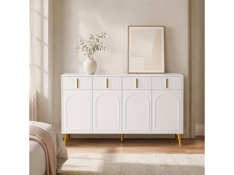 Buffet 4 portes et 4 tiroirs en mdf blanc avec détails dorés, 140 x 38 x 82 cm - Conforama D