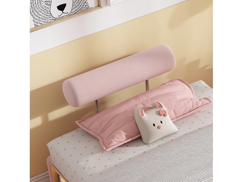  Lit enfant 90x200 cm, couchage bas, rangements latéraux led, appuis-tête modulables, velours rose sans matelas  - Conforama E