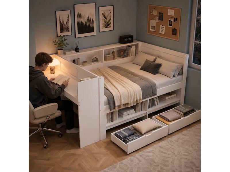  Lit fonctionnel 120x200 cm en bois avec bureau, rangement et 2 tiroirs blanc chicfurn  - Conforama B