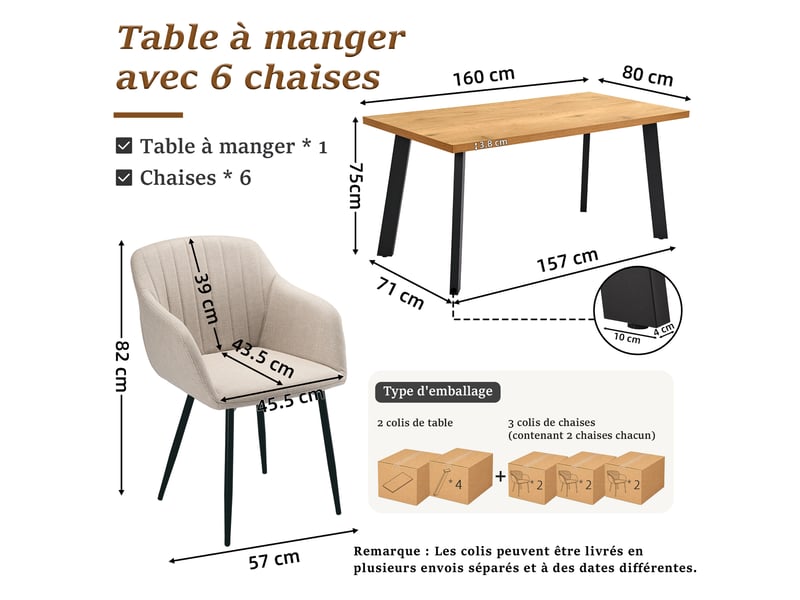  Ensemble table et 6 chaises - table rectangulaire 160x80 cm monobloc en chêne sauvage et pieds métal, 6 chaises en tissu beige et pieds métal  - Conforama C