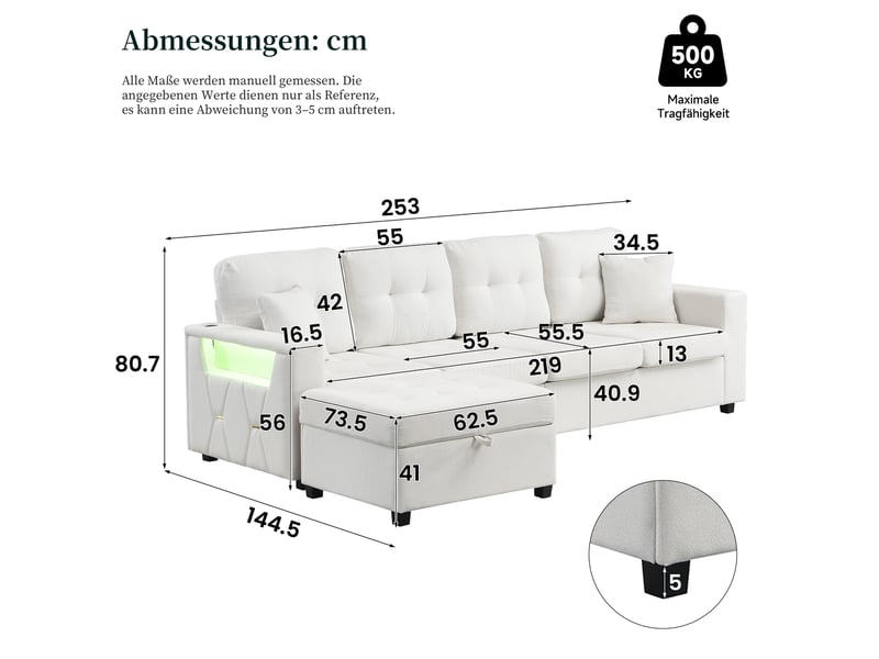  Canapé d'angle modulaire avec pouf coffre, led, usb et type-c en tissu de lin beige, 253 × 144,5 × 80,7 cm  - Conforama C