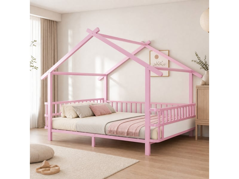  Lit enfant cabane en métal 140 x 200 cm avec barrières de sécurité, rose  - Conforama B