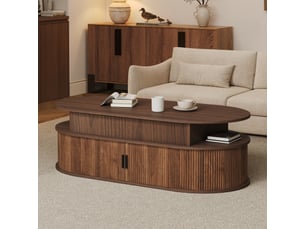 Table basse ovale relevable 100x50x40cm, hauteur réglable jusqu'à 55cm, grand rangement à volets et mécanisme hydraulique, effet noyer