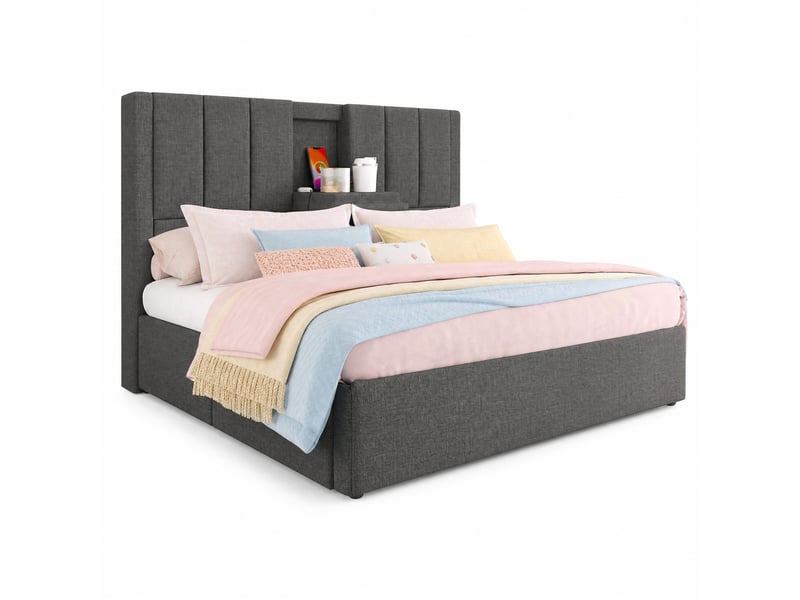 Lit coffre hydraulique 160x200 cm gris avec sommier, tête de lit, usb et porte-gobelets - Conforama A