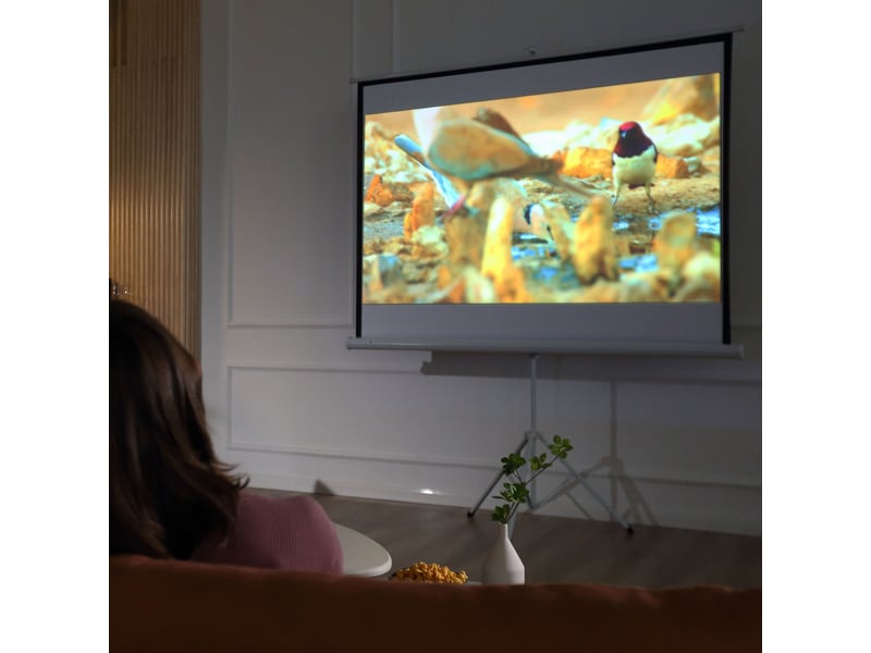  Écran de projection avec trépied pliable 84 pouces 4k hd 4:3, 180l cm, écran vidéoprojecteur, hauteur réglable, angle de vision 160°, pour home cinéma, blanc, films en intérieurextérieur  - Conforama D