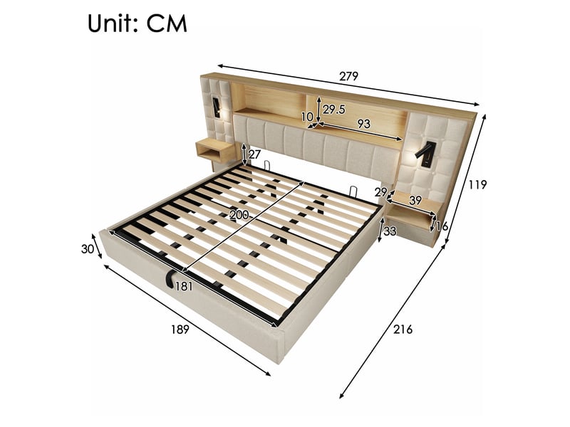  Lit coffre 180x200 capitonné beige avec tables de chevet intégrées et liseuses led  - Conforama B