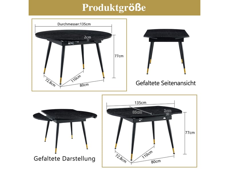  Table extensible moderne table de salle à manger transformable de rond à ovale plateau mdf noir et noyer pieds métal stables gain de place accents dorés  - Conforama C