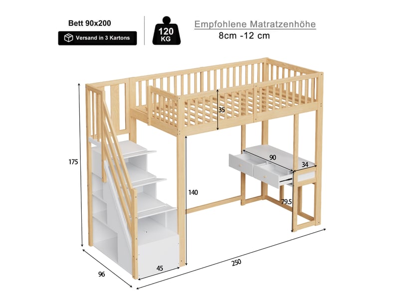  Lit mezzanine enfant 90x200 cm avec bureau, escalier de rangement, blanc et bois  - Conforama C