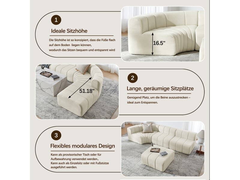  Canapé d'angle modulable compressé 4 places 283x198x64,7 cm, modules libres utilisables en pouf, table ou siège, chenille beige  - Conforama E