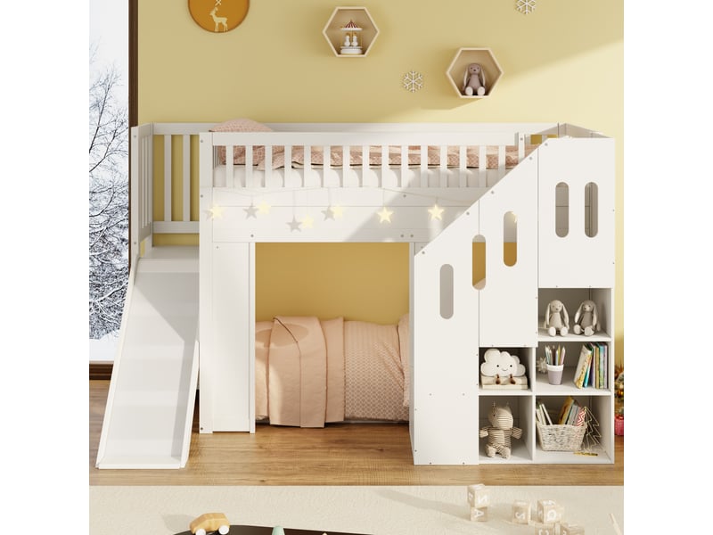 Lit superposé enfant 90x200 avec toboggan et escalier de rangement - bois massif blanc  - Conforama W