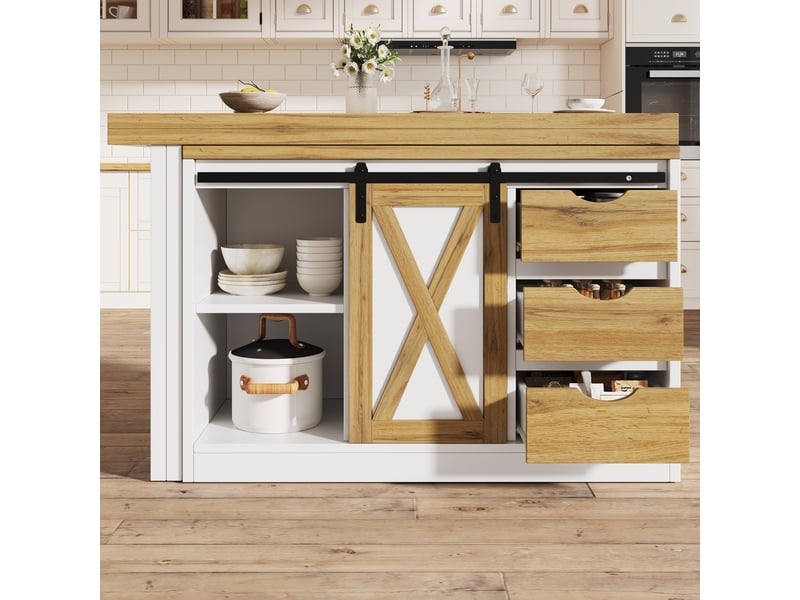  Îlot de cuisine extensible 120-197x40x72 cm, table à manger avec portes style grange, 3 tiroirs et casier à bouteilles, blanc  - Conforama B