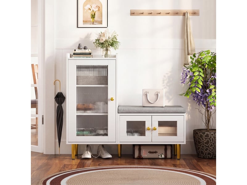  Meuble à chaussures - 100x35x90cm - banc d'entrée avec assise rembourrée, étagères ajustables, portes en verre flûté - blanc  - Conforama B