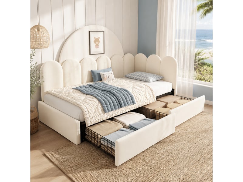 Lit banquette 90 x 200 cm avec 2 tiroirs de rangement, sommier à lattes et dossier rembourré en velours beige - Conforama C