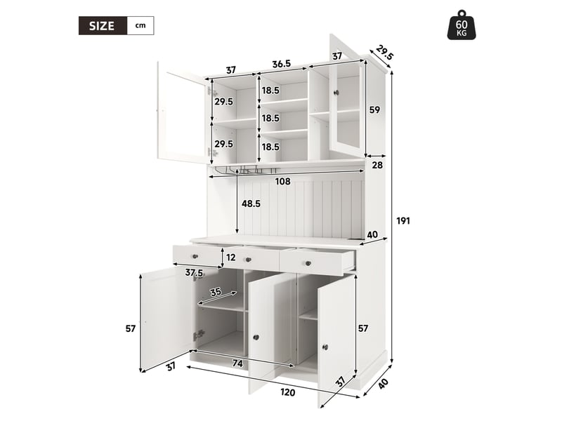  Buffet haut modenvie 120 x 40 x 191 cm avec portes vitrées, porte-verres, prises électriques et ports usb, blanc  - Conforama C