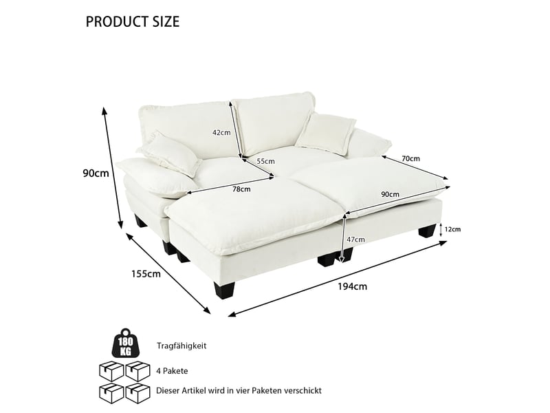 Canapé d’angle modulable, 2 poufs mobiles, 2 coussins, mousse haute densité, 194 × 151 × 90 cm, chenille beige - Conforama C
