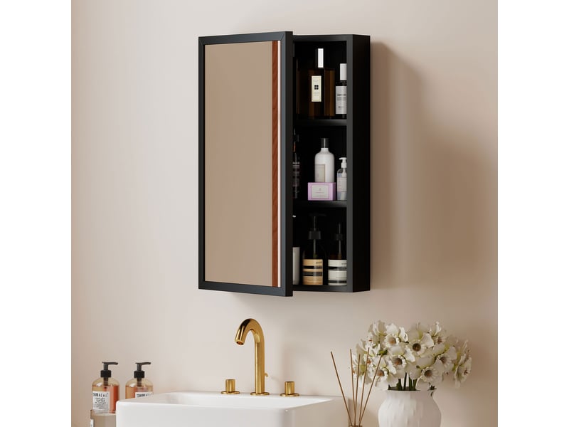 Armoire miroir de salle de bain armoire murale armoire à glace avec 1 porte et 2 étagères en acier noir 40 x 12 x 60 cm - Conforama A
