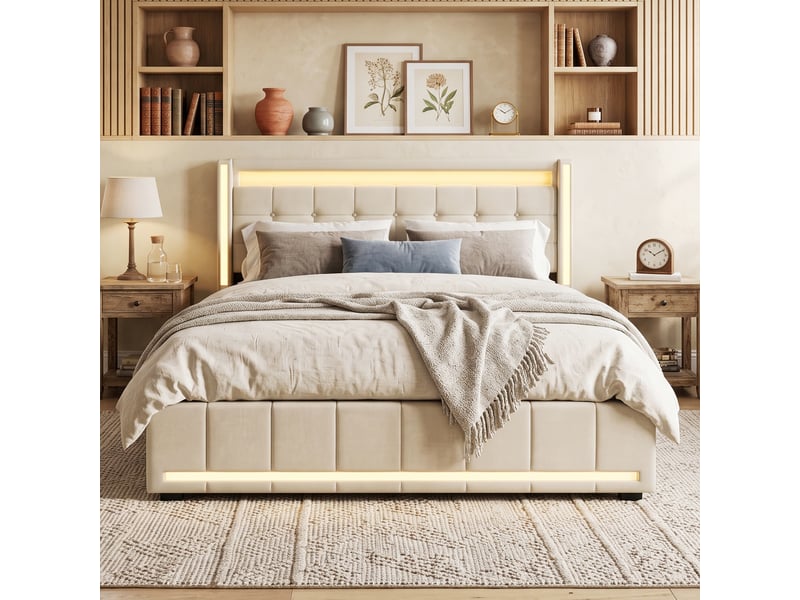  Dreammespace lit double queen size 160x200 cm avec 4 tiroirs et prises usb type-c cadre led sommier à lattes tissu lin beige DreamMespace - Conforama B