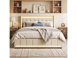 Dreammespace lit double queen size 160x200 cm avec 4 tiroirs et prises usb type-c cadre led sommier à lattes tissu lin beige