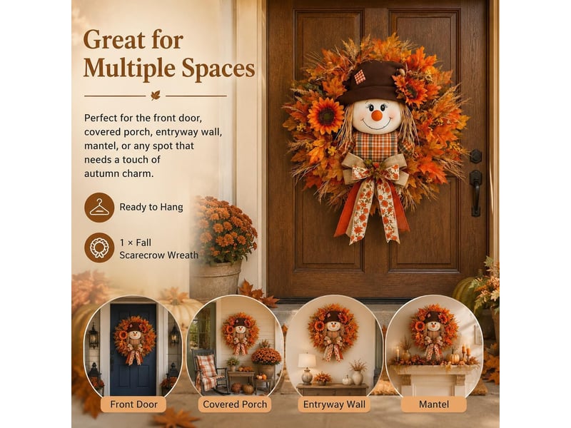  45cm décoration automne porte avec épouvantail, couronne en bois feuilles d’érable, plaque bienvenue pour maison  - Conforama E