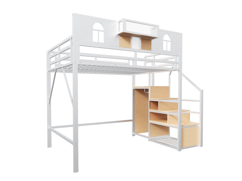 Lit mezzanine 140 x 200 cm, avec échelle et bande lumineuse, compartiments de rangement, structure métallique, blanc - Conforama E