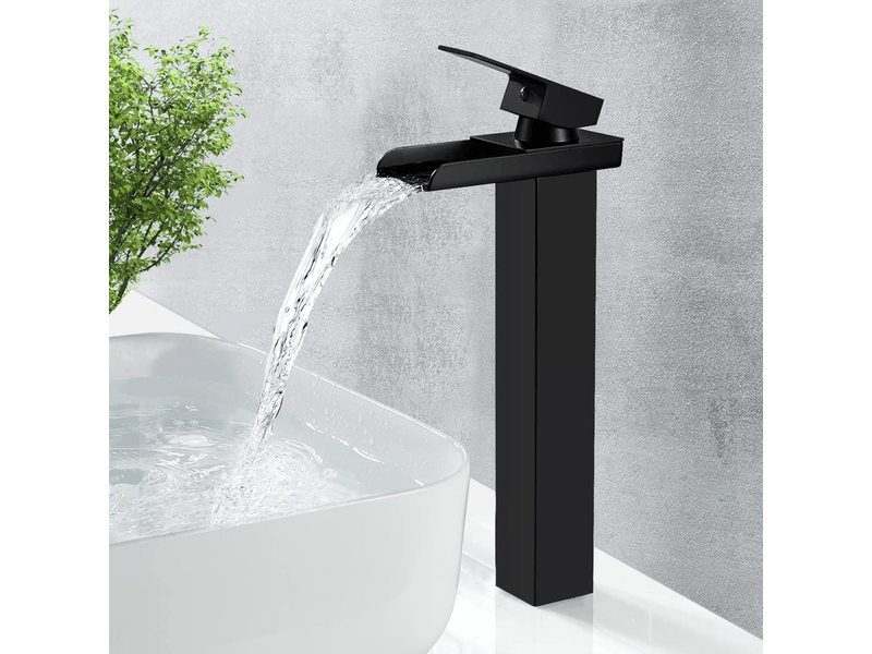 Robinet de salle de bain cascade chromé, robinet de lavabo avec bec surélevé, fonctionne de l'eau chaude et froide - noir  - Conforama E