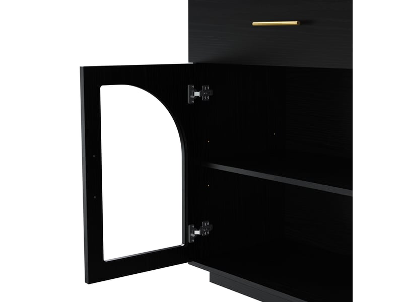  Buffet de cuisine 147 x 40 x 86 cm avec éclairage led, 2 tiroirs, 4 portes et étagères, noir et bois naturel, en mdf  - Conforama E