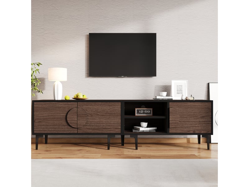  Meuble tv 180 cm noyer foncé pour écran 80 pouces avec 3 portes et rangements ouverts  - Conforama B
