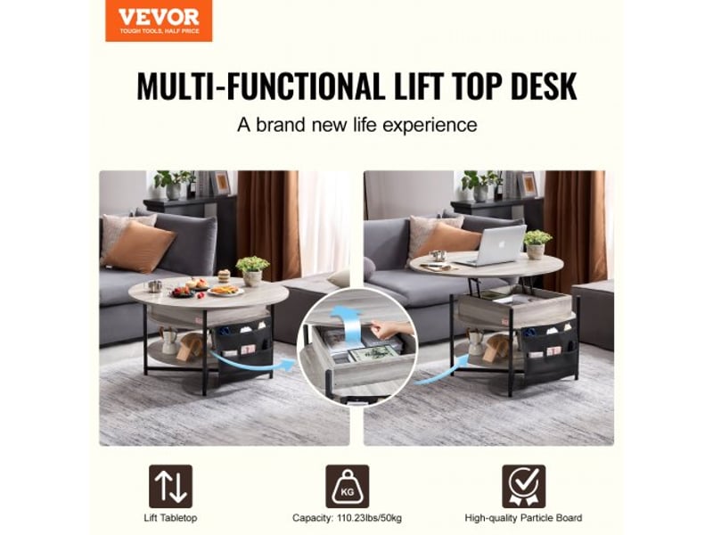  Table basse avec plateau relevable, 900 x 900 x 510 mm, table basse de salon ronde avec poches de rangement supplémentaires, capacité de 50 kg, table basse pop-up pour le salon, gris foncé  - Conforama C