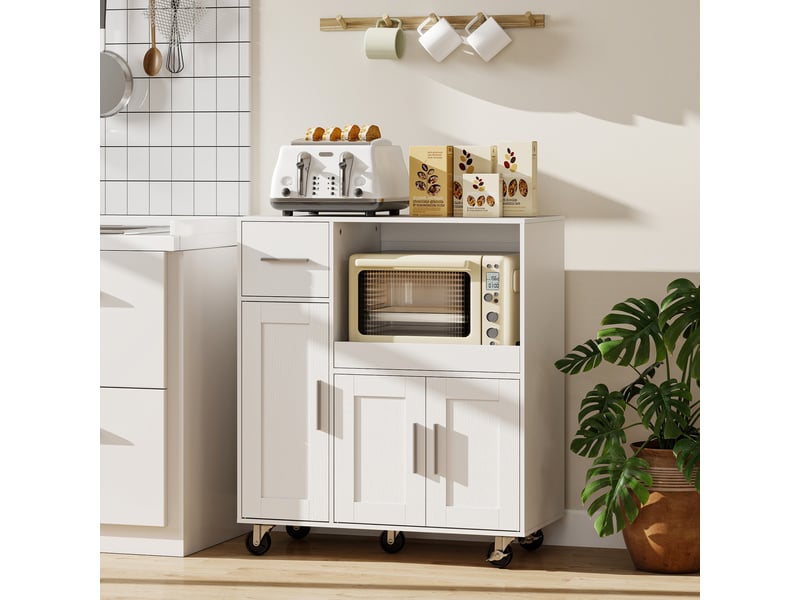 Desserte cuisine à roulettes, meuble micro onde, plateau coulissant, tiroir, placards 3 portes, blanc, 80x40x88,7cm - Conforama D