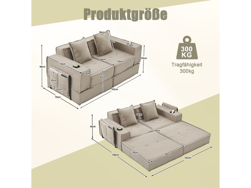 Canapé 2 places en velours côtelé kaki, canapé modulable avec pouf, rangement latéral et confort généreux pour le salon  - Conforama E