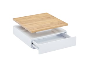 Table basse carrée pivotante avec 1 tiroir et espace ouvert, 360° rotation, en panneaux de particules, 70 × 70 × 36 cm - uvrion