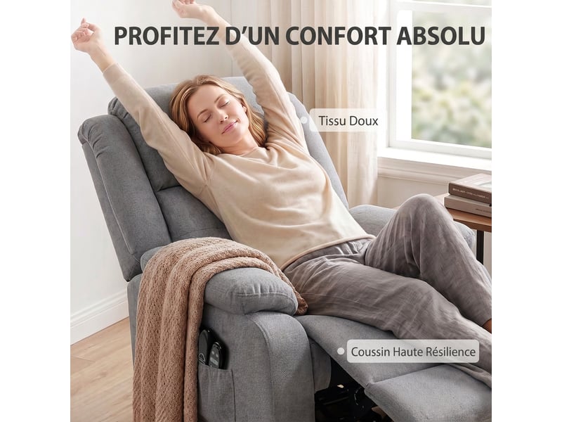  Fauteuil releveur électrique massage et chauffage avec repose-pied, télécommande et poche latérale, dossier inclinable  - Conforama R