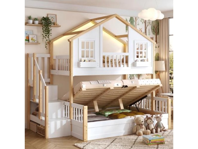  Lit superposé avec lit bas hydraulique en bois massif, 90x200+140x200 cm, avec escalier rangement et éclairage led, forme fenêtre, blanc et naturel ABC - Conforama B