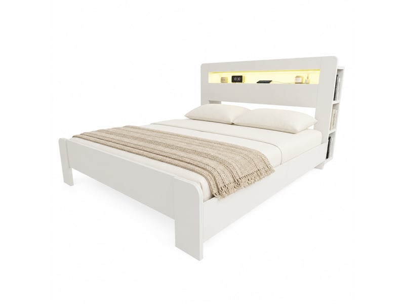  Lit 180x200 cm en bois blanc, tête de lit avec rangement, led et prises intégrées Fay Lum - Conforama A