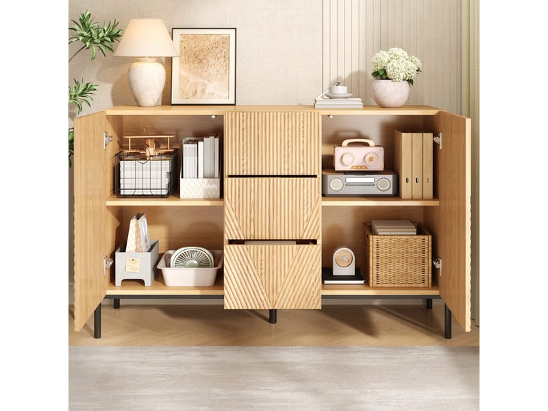 Buffet bahut salle à manger 115,5x40x76 cm, 2 portes, tiroir central, façades géométriques, grand rangement - naturel - Conforama E