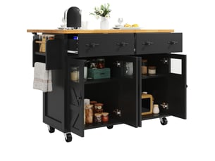 Îlot de cuisine mobile noir 140 cm, desserte extensible avec rangement et freins