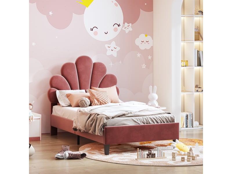  Lit enfant rembourré 90x200 cm, tête de lit fleur en velours, sommier à lattes, lit fille, beige rosé OMNIGLINT TRADING LTD - Conforama B