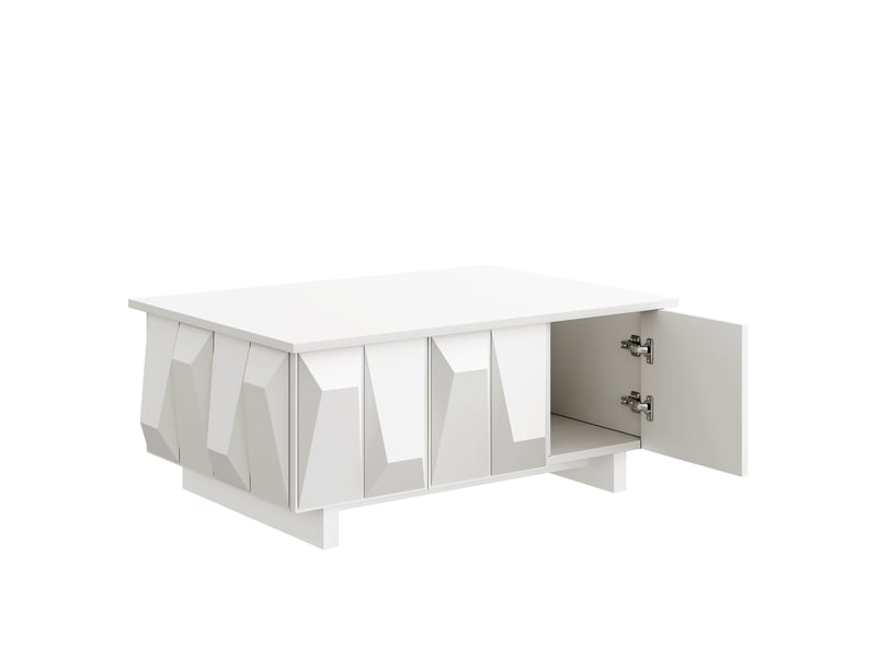  Table basse 95x67 cm blanche en panneau de particules, 3 portes à façades 3d et rangement pour salon  - Conforama D