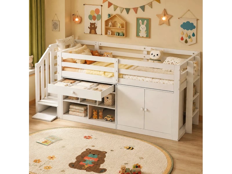 Lit mezzanine enfant 90x200 cm – blanc – bureau rabattable, rangements, escalier réversible - sans matelas - Conforama B