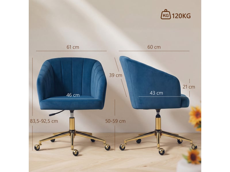  Chaise de bureau en velours bleu à roulettes réglable, dossier rembourré et base dorée  - Conforama E