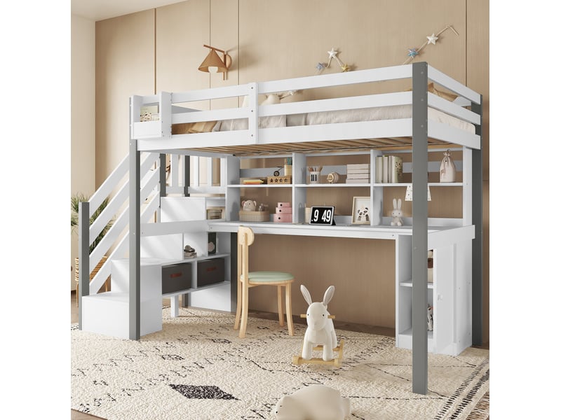  Lit mi-hauteur 90x200 cm avec bureau et rangements, blanc et gris  - Conforama C
