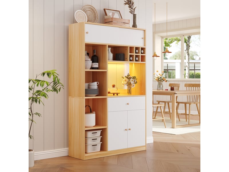 Buffet de cuisine - 115x35x180cm - meuble haut avec led étagères range-bouteilles grand espace micro-ondes - blanc et chêne - Conforama D