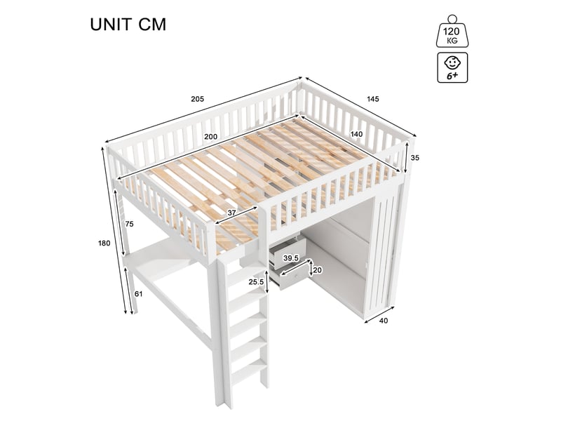 Lit mezzanine 140 x 200 cm avec bureau, armoire et 3 tiroirs intégrés, lit double en pin blanc avec rangements ouverts, escalier et garde-corps - Conforama D