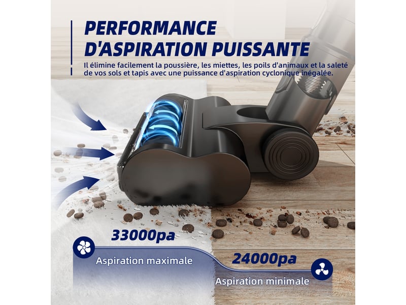  Aspirateur balai sans fil led anti-poussière,6000pa 60 min, 1.8 l, idéal solstapispoils d’animaux, tuyau multi-usage  - Conforama E