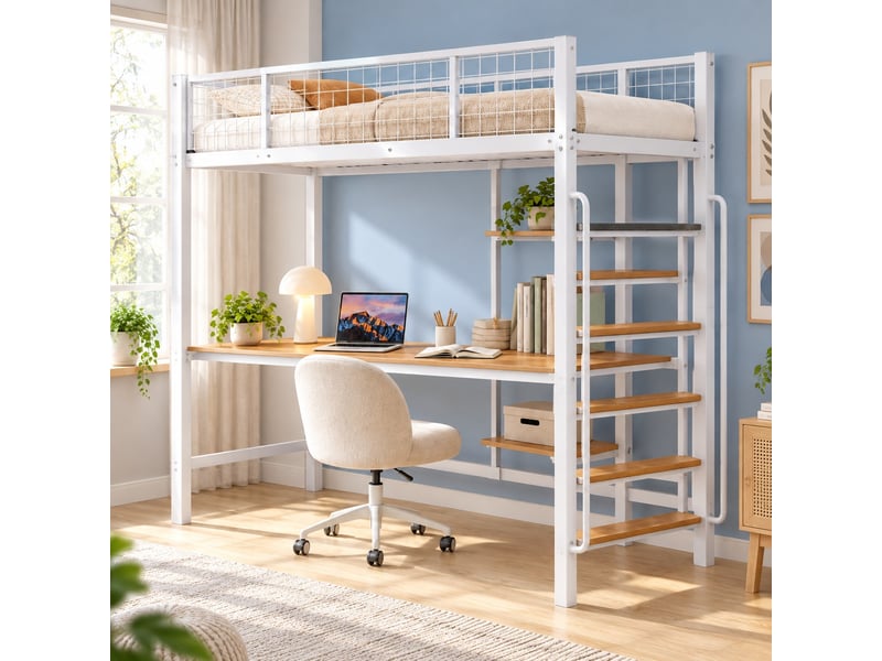  Lit mezzanine enfant 90 x 200 cm en métal avec bureau, étagères, échelle 5 marches et garde-corps, blanc et naturel  - Conforama B