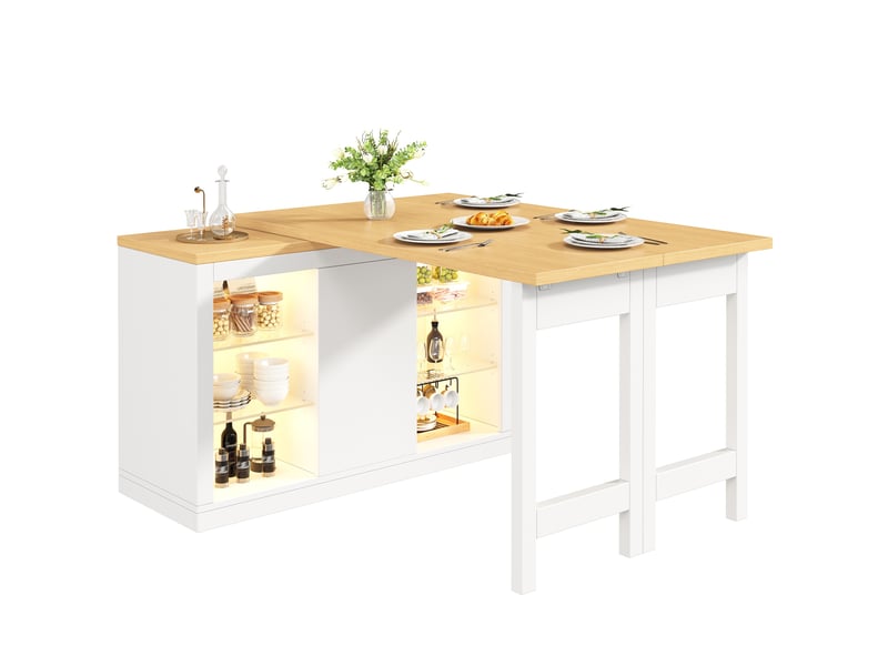 Îlot de cuisine extensible 120–197x40x72 cm avec plateau pivotante 360°, rgb led, rangement vitré et étagère réglables, blanc - Conforama A