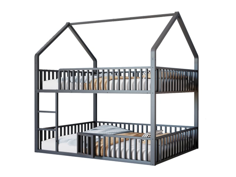 Lit superposé enfant 140x200 cm avec escalier, forme de maison, barrière de sécurité avec porte d'ouverture, en métal, sans matelas, noir - Conforama A