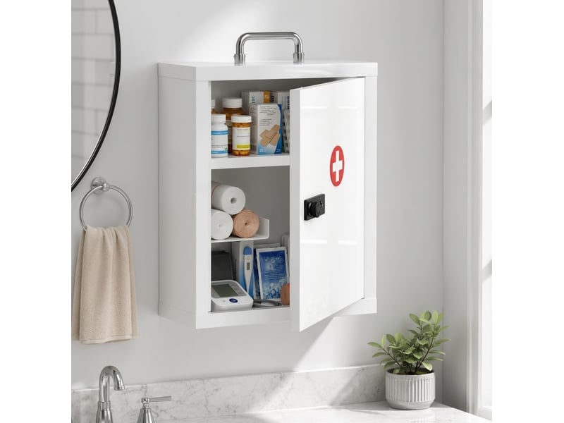  Armoire à pharmacie murale 32 x 14 x 38 cm blanche en acier, serrure à code, rangement à 3 niveaux  - Conforama B