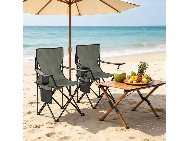 Lot de 2 chaises de camping pliantes gris foncé avec porte-gobelet et sac de transport pour vos sorties - Conforama E