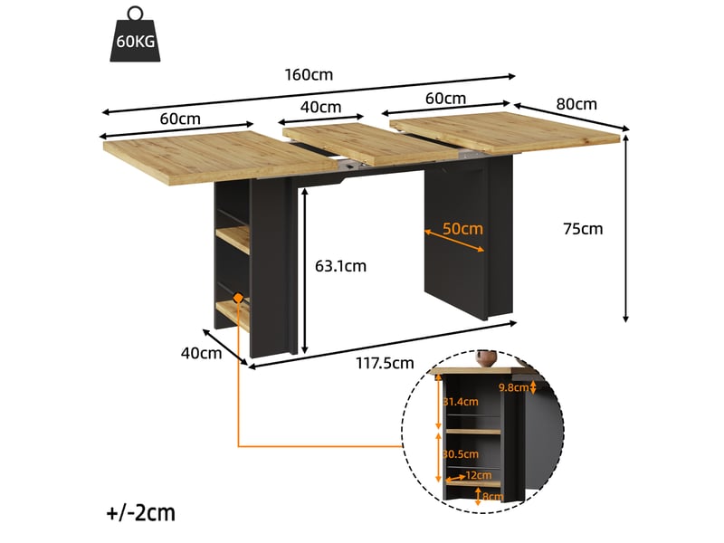 Table extensible avec rangements pour salle à manger en mdf 120-160×80×75 cm bois naturel - Conforama E